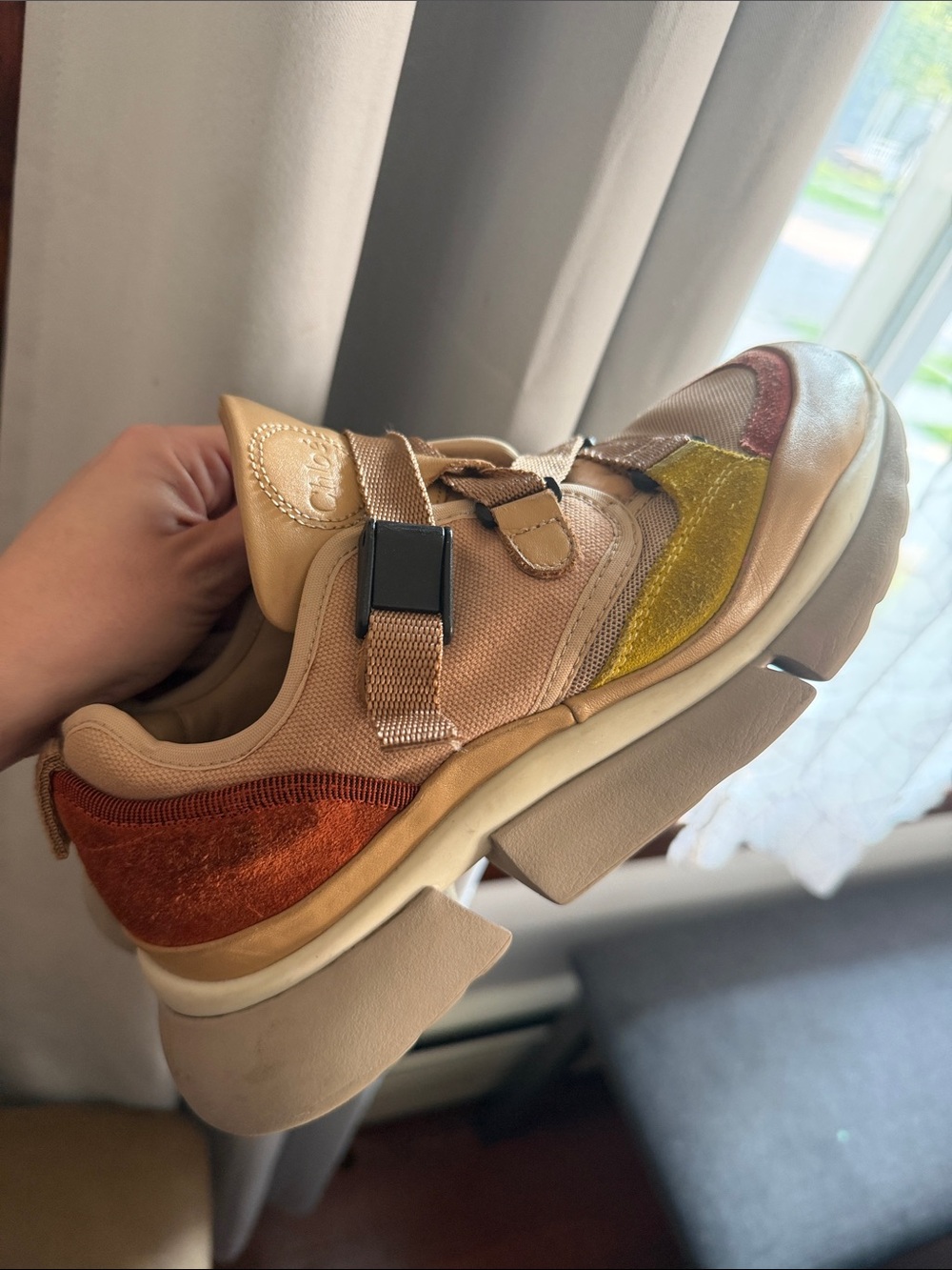 Chloe Women's Chunky Sneaker in Beige with Gold & Rust Accents